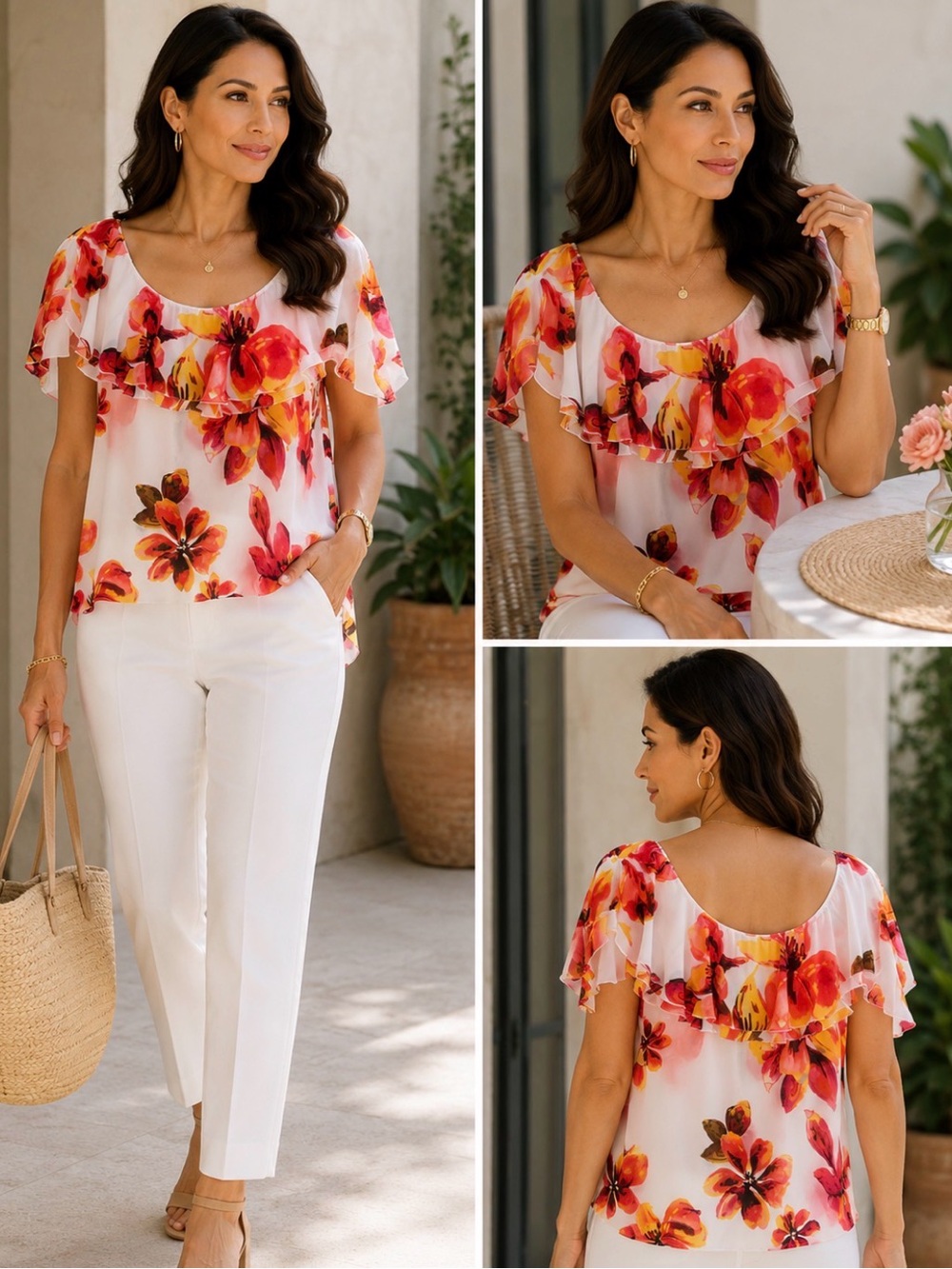 Rafaella XL Floral Ruffle Blouse Pink Orange Tropical Top